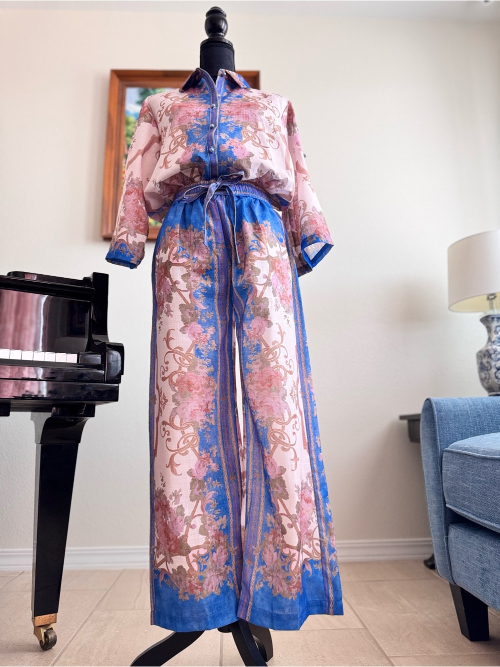 Women's Pink & Blue Printed Linen Jumpsuit - Picture 7 of 16